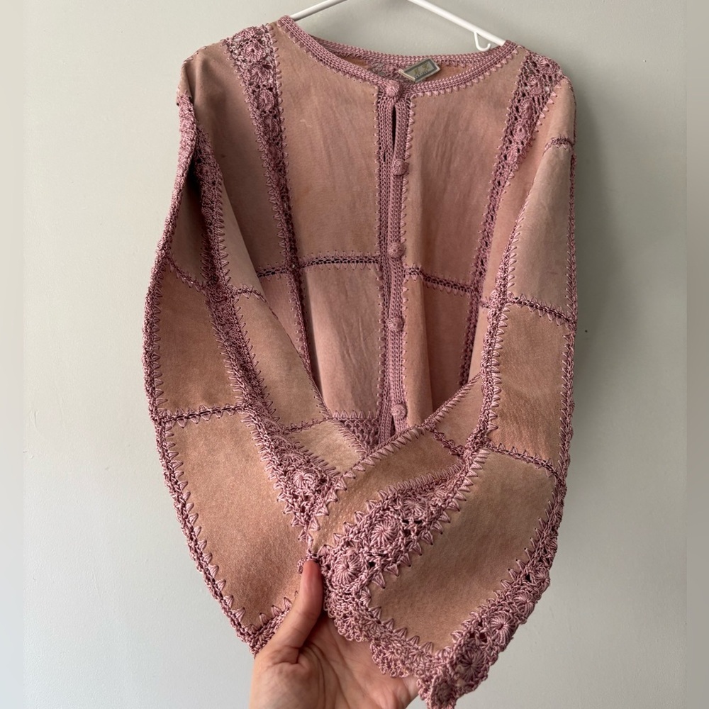 Y2K Fairycore Pink Suede crochet cottage Boho Knitwear Festival cardigan - Large - Picture 6 of 12